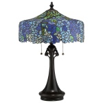 Tafellamp Tiffany 3-lichts met bronzen voet en blauwgroene glaskap