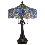 Tafellamp Tiffany 3-lichts met bronzen voet en blauwgroene glaskap
