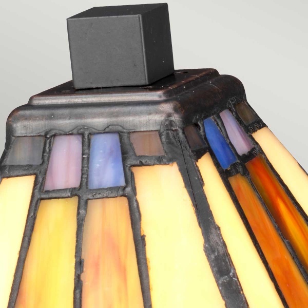 Tafellamp Tiffany glas in geel oranje en blauw met bronzen afwerking