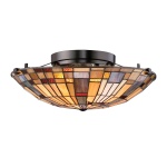 Plafondlamp Tiffany rond glasmozaïek bronskleurig twee lichtpunten