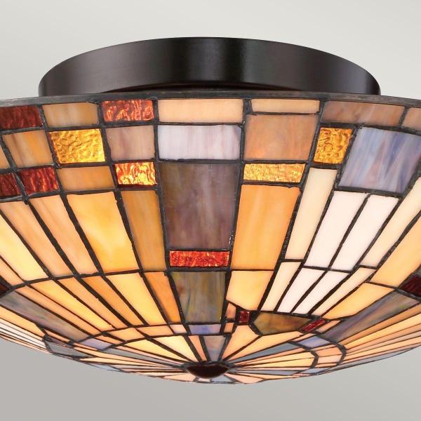 Plafondlamp Tiffany rond glas-in-loodpatroon in amber en brons