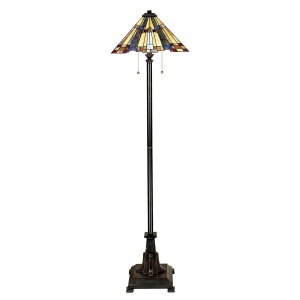 Vloerlamp Tiffany brons met glas-in-lood kap in warme tinten