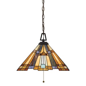 Hanglamp Tiffany 3-lichts met bronzen fitting en glas in warme tinten
