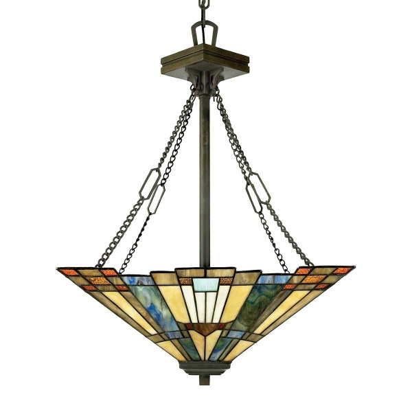 Hanglamp Tiffany 3-lichts met bronzen armatuur en glazen piramidescherm