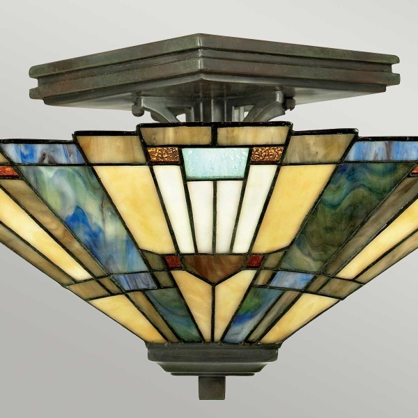Plafondlamp Tiffany glas-in-lood bronskleurig met geometrisch patroon