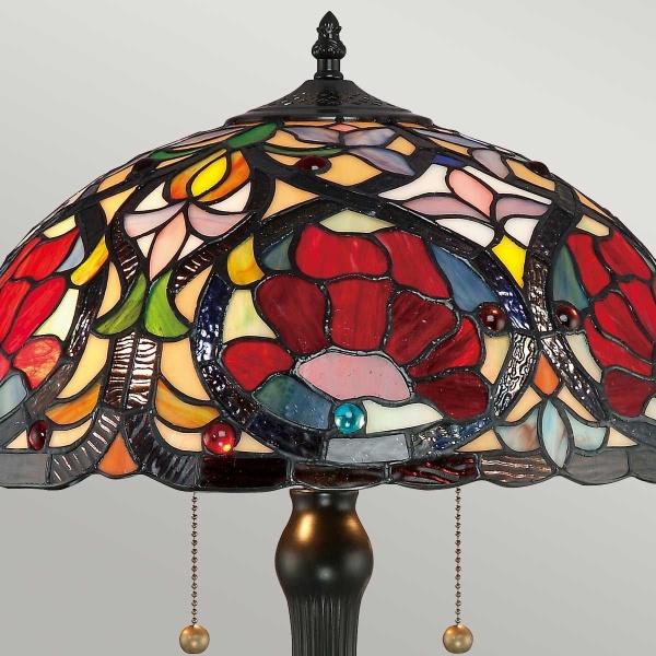 Tafellamp Tiffany glas-in-lood kap met bloemmotief en bronzen fitting