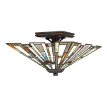 Plafondlamp tiffany 2-lichts brons met gekleurd glas in geometrisch patroon