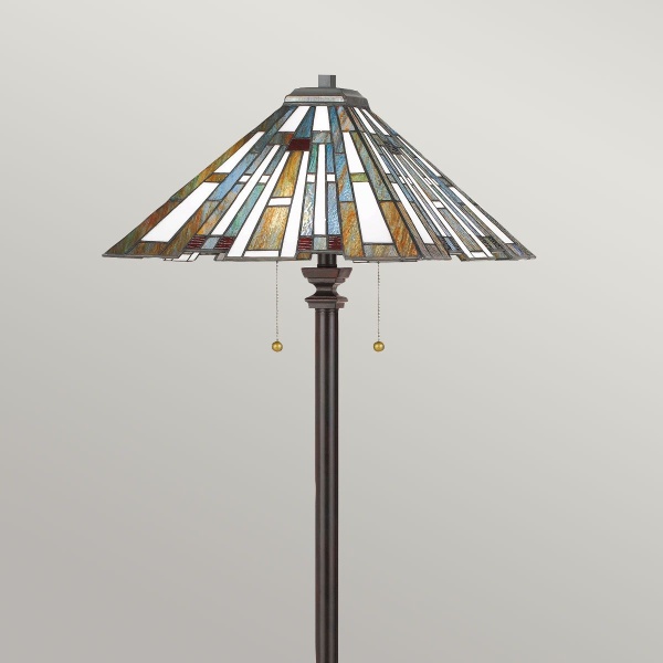 Vloerlamp Tiffany brons met glas-in-lood kap in geometrisch patroon