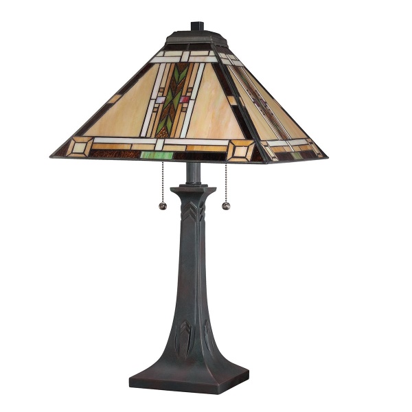 Tafellamp Tiffany twee-lichts met bronzen voet en glas-in-lood kap