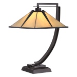 Tafellamp Tiffany brons met gebogen arm en beige glas kap