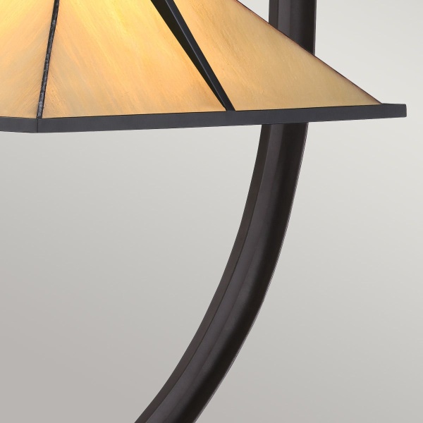 Tafellamp Tiffany brons met gebogen arm en glas in warme tinten