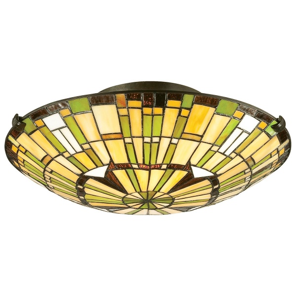 Plafondlamp Tiffany rond glasmozaïek brons met geelgroene tinten 42 cm