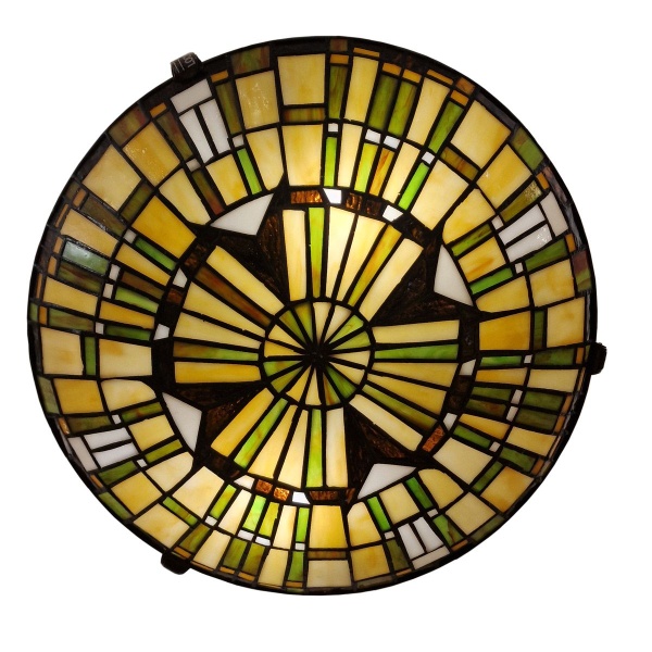 Plafondlamp Tiffany rond glas-in-lood bronskleurig met geelgroene tinten