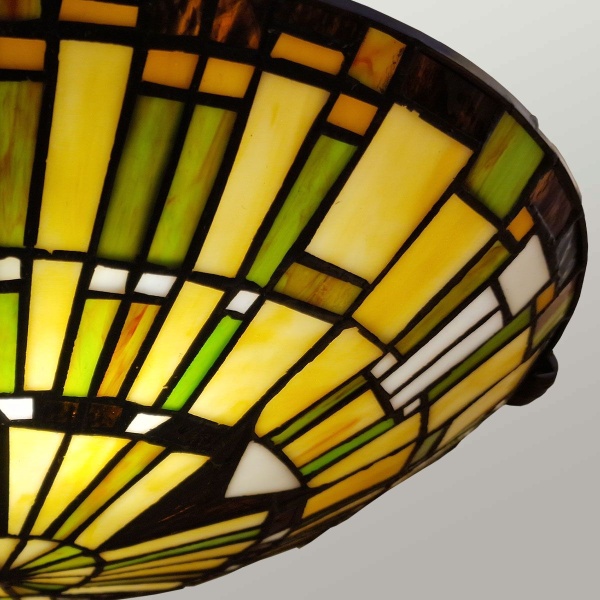 Plafondlamp Tiffany glas in geelgroene tinten met bronzen afwerking