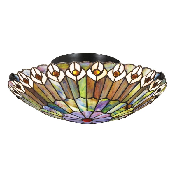 Plafondlamp Tiffany rond brons met gekleurd glas-in-lood patroon