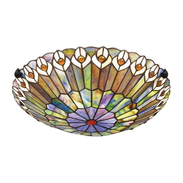 Plafondlamp Tiffany rond glas-in-lood meerkleurig met bronzen afwerking