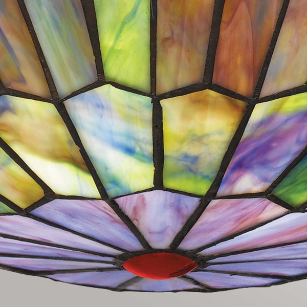 Plafondlamp Tiffany glas-in-lood kap in paarsgroene tinten met bronzen details