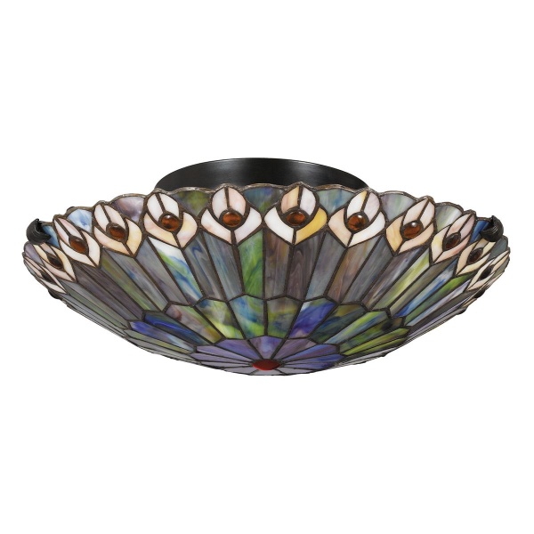 Plafondlamp Tiffany rond glas-in-lood bronskleurig met tweelichts armatuur
