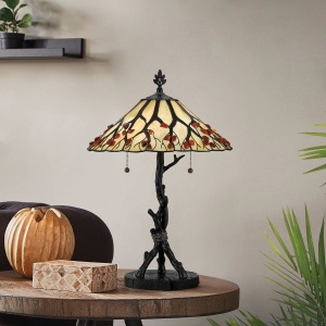Tafellamp Tiffany met bronzen voet en glas-in-lood kap in warme tinten