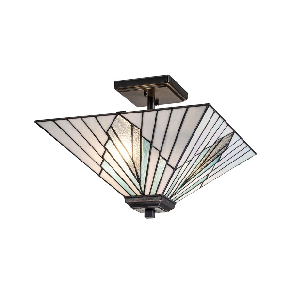Tiffany hanglamp met glazen piramidescherm en vintage bronzen fitting
