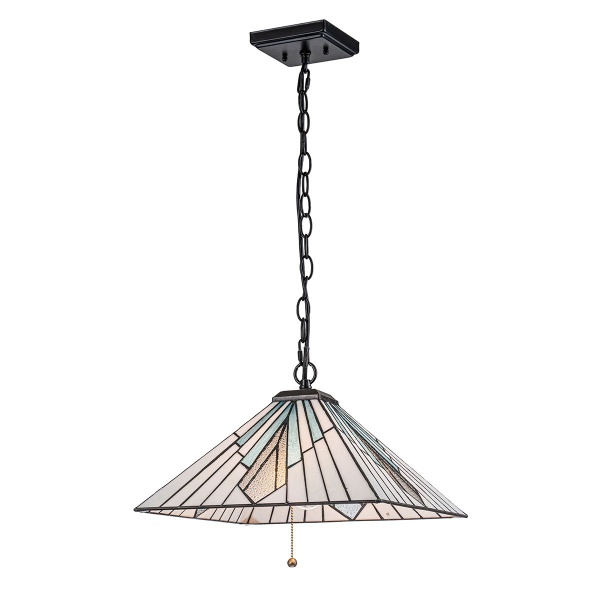 Tiffany hanglamp met piramidevormige glazen kap en bronzen afwerking