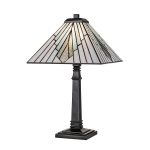 Tafellamp Tiffany met bronzen voet en piramidevormige glaskap