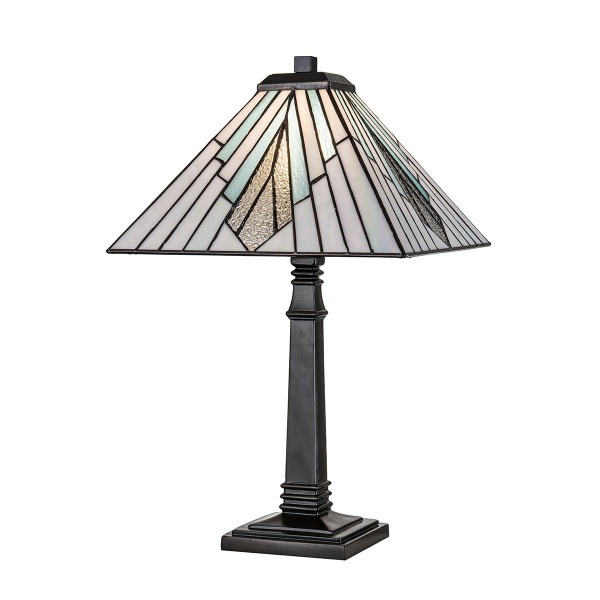 Tafellamp Tiffany met bronzen voet en piramidevormige glaskap