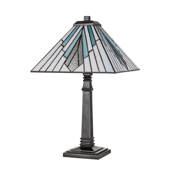 Tafellamp Tiffany met bronzen voet en glazen kap in blauw-witte tinten