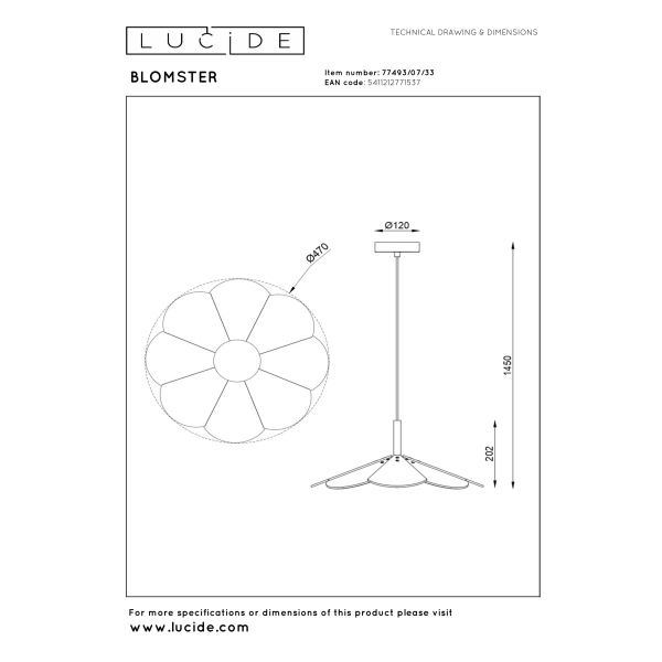 Maattekening van de groene dimbare hanglamp BLOMSTER 9W 2700K van Lucide