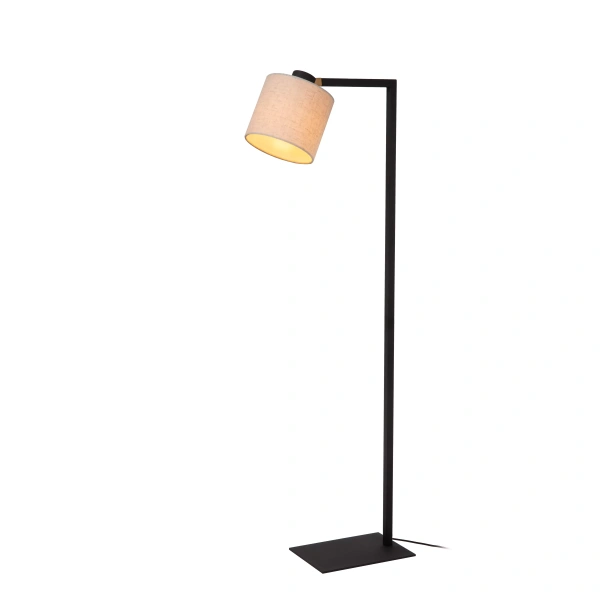 Zwarte metalen vloerlamp met beige stoffen kap Japandi stijl Lucide