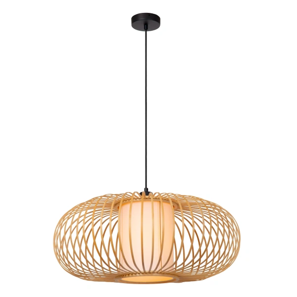Hanglamp 60 cm lichte houtlook bamboe met zwarte ophanging