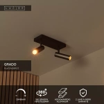 Grijze aluminium plafondspot met twee verstelbare lichtpunten in moderne woonkamer