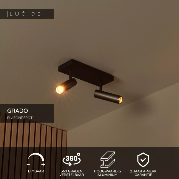 Grijze aluminium plafondspot met twee verstelbare lichtpunten in moderne woonkamer