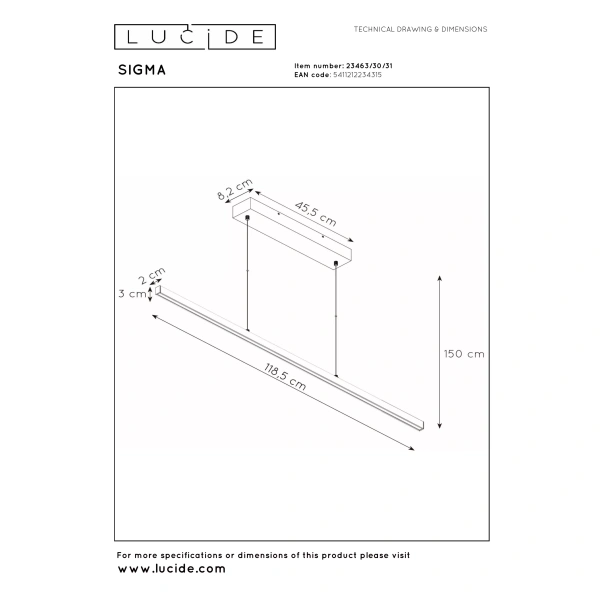 Maattekening hanglamp LED wit 30W 2700K dimbaar Lucide SIGMA
