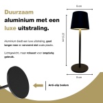 Maattekening van oplaadbare aluminium tafellamp buitenmodel met afmetingen 27,5 bij 9 cm