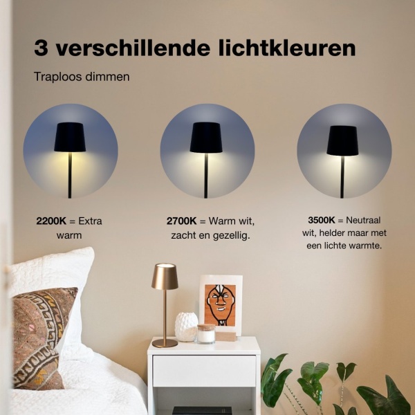 4052231504990_usp_007 Oplaadbare koffiekleurige tafellamp met dimbaar warm wit licht in slaapkamerinterieur