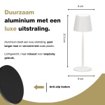 Witte aluminium tafellamp met anti-slip bodem en afmetingen 27,5 bij 9 cm