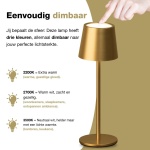 Gouden oplaadbare tafellamp met dimbaar licht en instelbare kleurtemperaturen