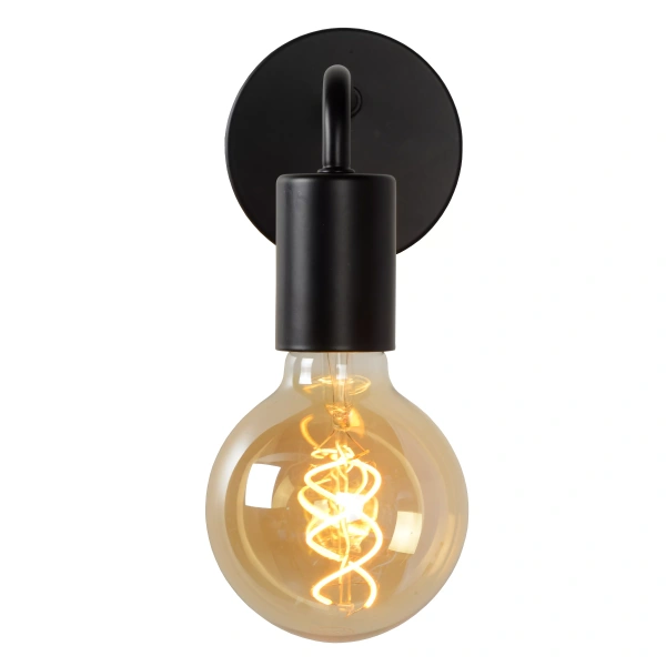 Wandlamp zwart met ronde fitting en zichtbare filamentlamp Lucide
