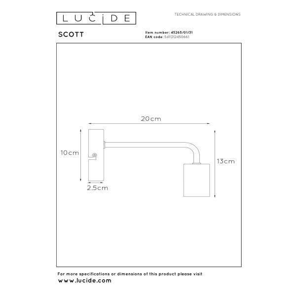 Maattekening wandlamp Vintage wit SCOTT van Lucide met afmetingen in cm