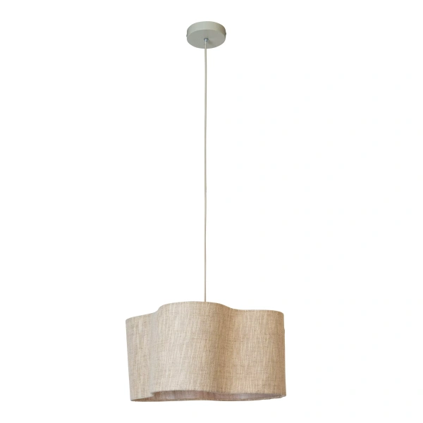 Beige hanglamp met golvende linnen kap en witte plafondplaat