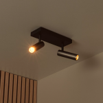 Grijze metalen plafondspot met twee verstelbare lichtbronnen in moderne woonkamer
