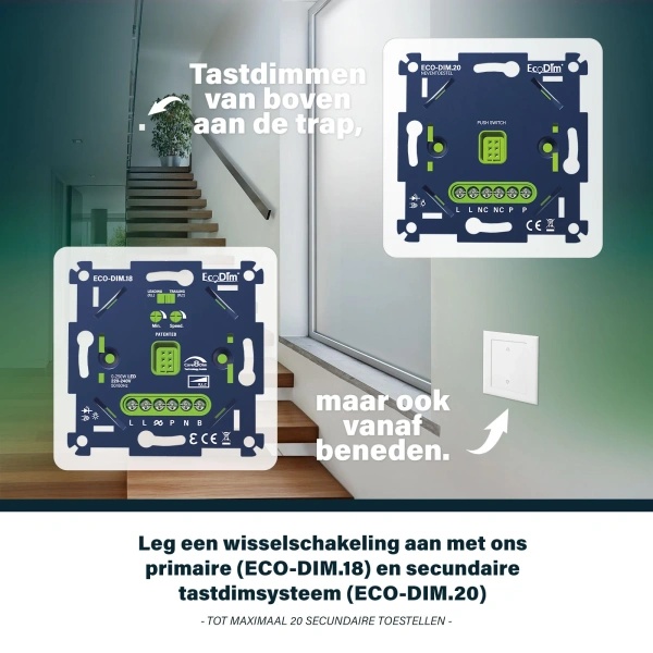 LED tastdimmer inbouw zwartblauw met groene accenten in trapomgeving