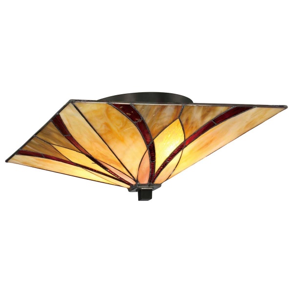 Plafondlamp Tiffany glas bronskleurig met rood en amberkleurig patroon