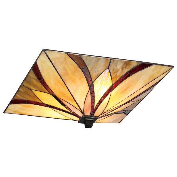 Plafondlamp Tiffany 2-lichts brons met glas-in-lood kap in warme tinten