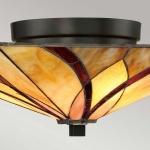 Plafondlamp Tiffany glas in amber en rood met bronzen fitting