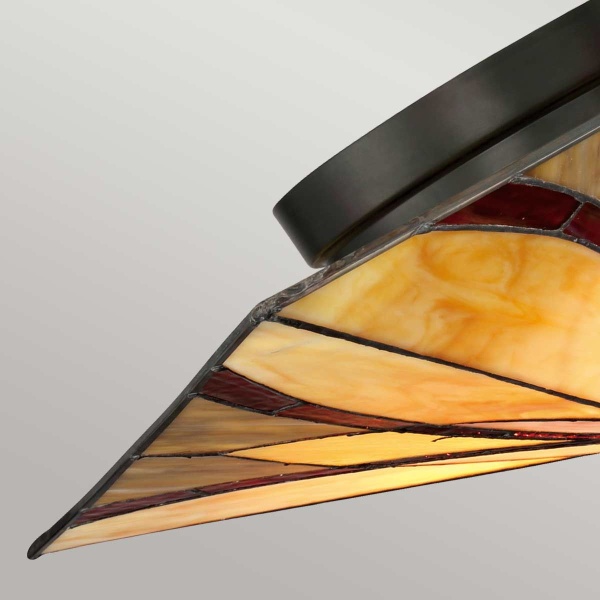 Plafondlamp Tiffany glas in amber en rood met bronzen armatuur