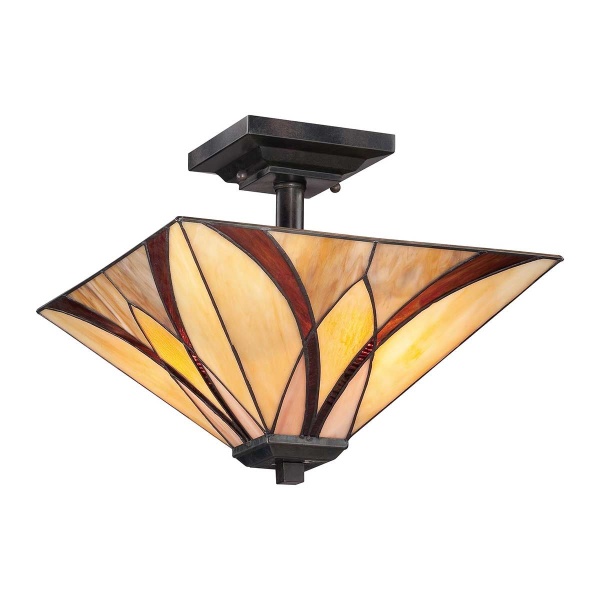 Plafondlamp Tiffany 2-lichts in brons met glas in warme tinten