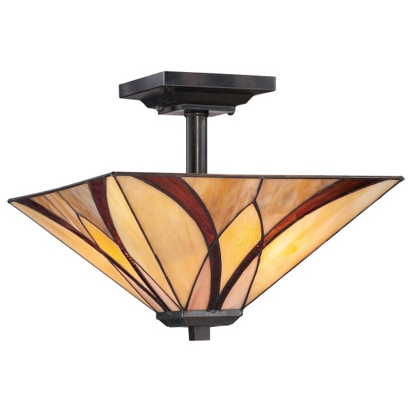 Plafondlamp Tiffany 2-lichts brons met glas in amber en roodtinten
