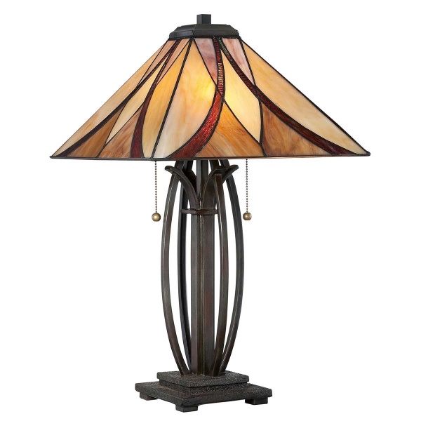 Tafellamp Tiffany twee-lichts brons met glas-in-lood kap